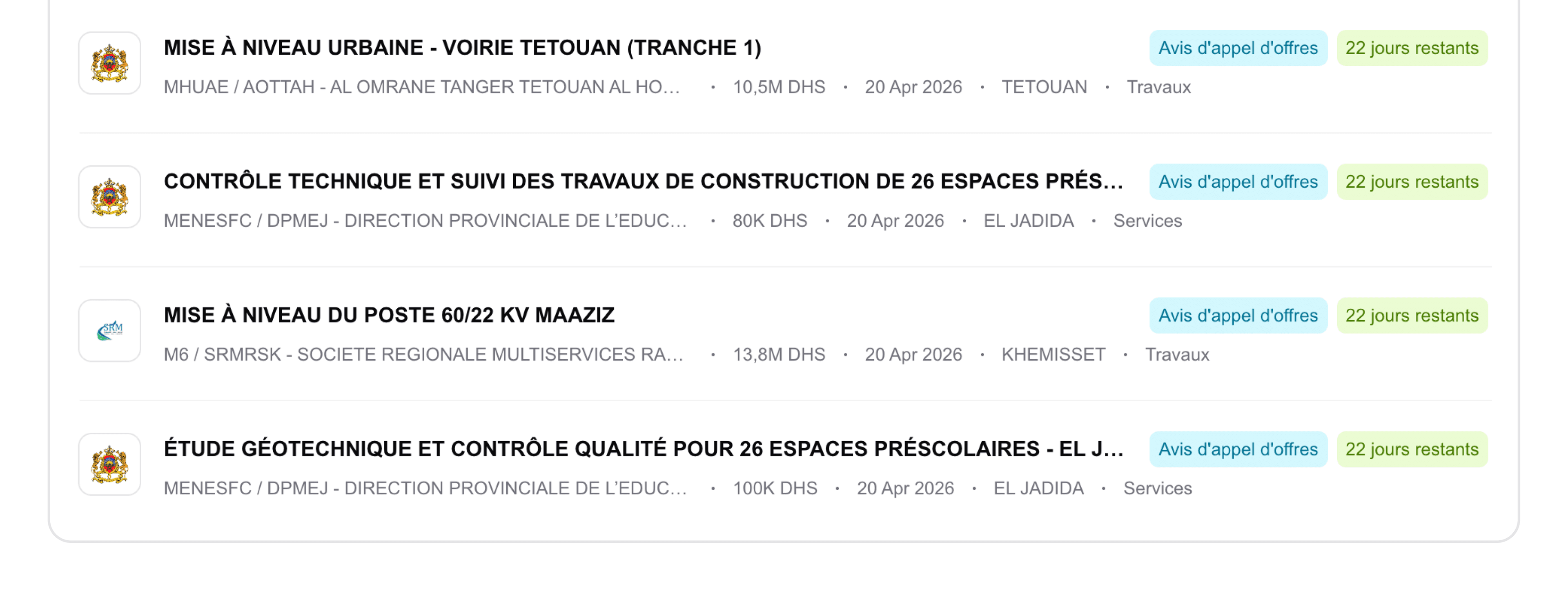 Liste des appels d’offres et bons de commande au Maroc avec filtres par catégorie, région et budget